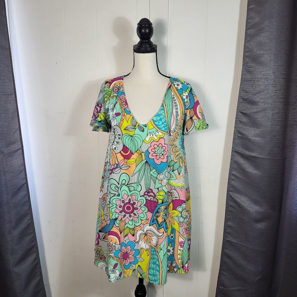 JUDITH MARCH Retro Colorful Floral V Neck Swing Dress Size Medium